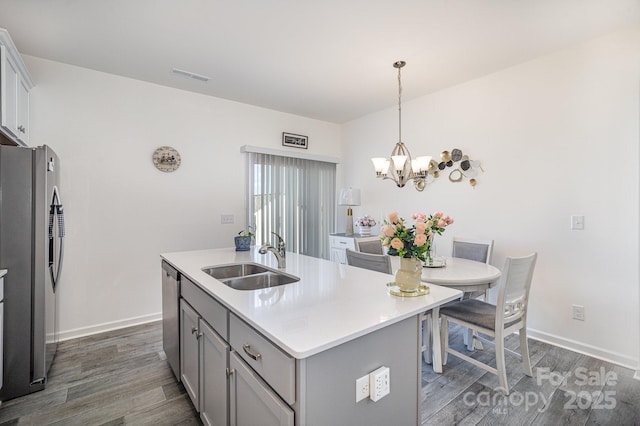 kitchen featuring visible vents, light countertops, gray cabinets, stainless steel appliances, and a sink