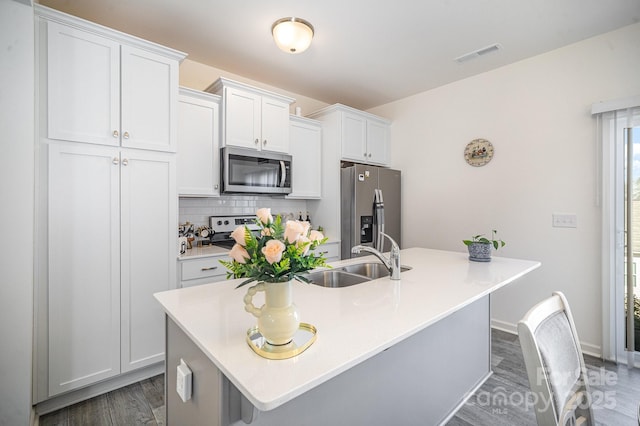 kitchen with visible vents, an island with sink, a sink, appliances with stainless steel finishes, and white cabinets