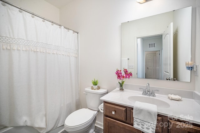 bathroom with a shower with shower curtain, visible vents, toilet, and vanity