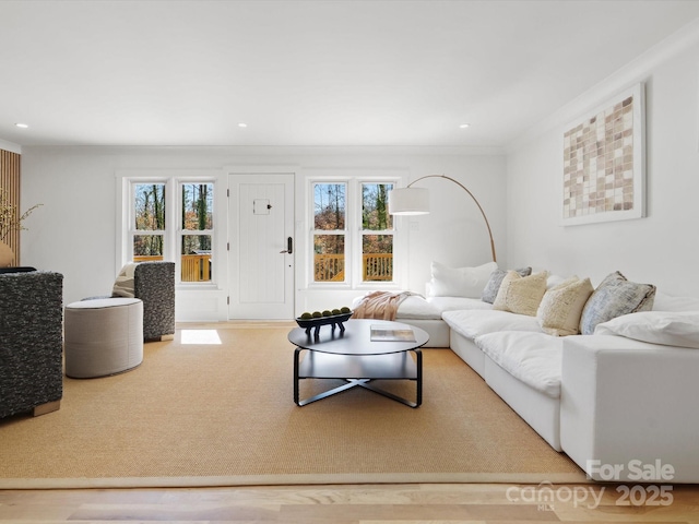 living area with crown molding, plenty of natural light, and recessed lighting