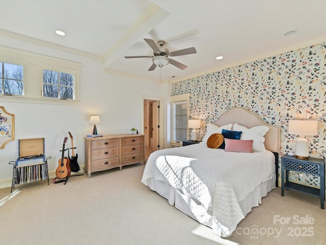 carpeted bedroom with ceiling fan, recessed lighting, baseboards, and ornamental molding