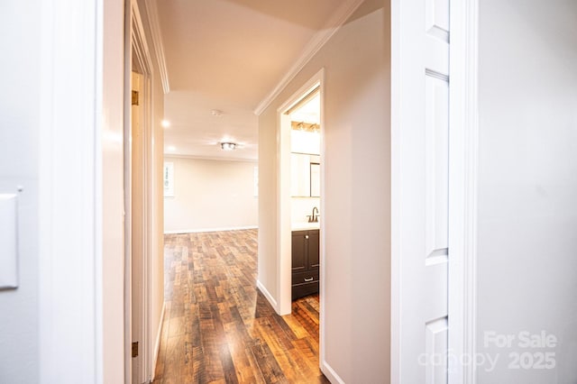 corridor featuring a sink, baseboards, dark wood finished floors, and crown molding