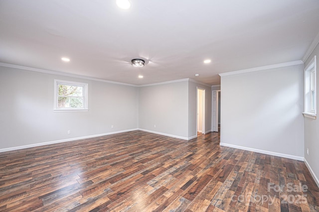 empty room with recessed lighting, baseboards, hardwood / wood-style floors, and crown molding