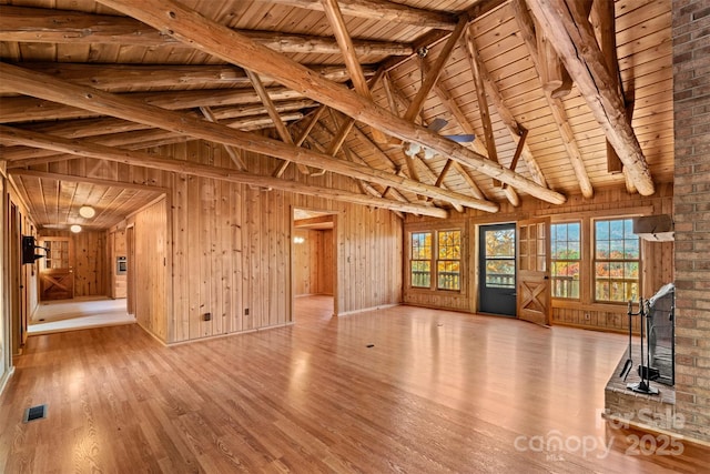 unfurnished living room with visible vents, beamed ceiling, wood walls, wooden ceiling, and wood finished floors