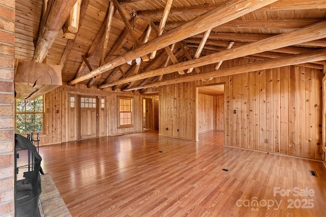 unfurnished living room with visible vents, vaulted ceiling with beams, wood walls, wooden ceiling, and light wood-style floors