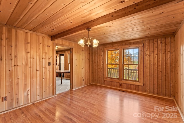 empty room with visible vents, a chandelier, wood ceiling, beam ceiling, and light wood-style flooring