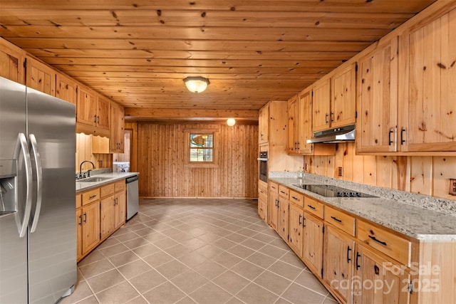 kitchen featuring wooden ceiling, light tile patterned flooring, under cabinet range hood, and stainless steel appliances