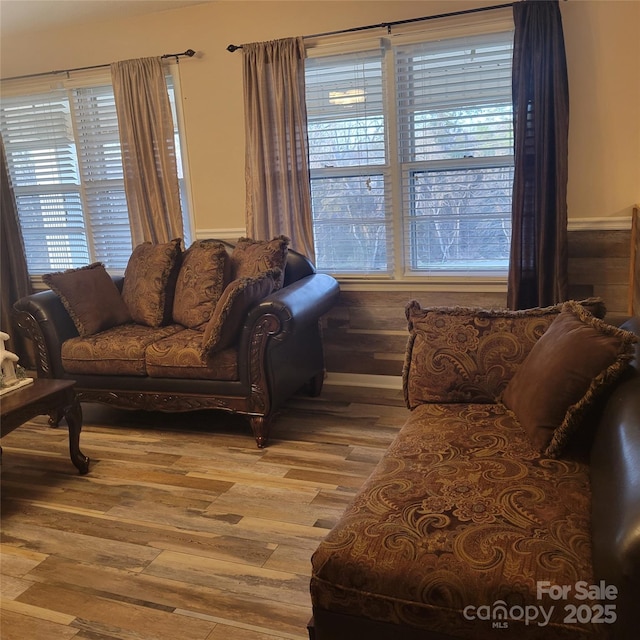 living area featuring a healthy amount of sunlight and light wood-style flooring