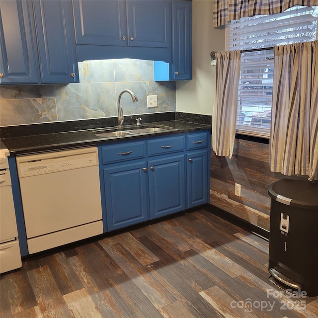 kitchen with blue cabinets, dark wood-style flooring, dishwasher, and a sink