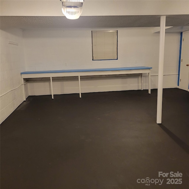 finished basement featuring concrete block wall and a textured ceiling