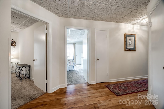 corridor with a drop ceiling, baseboards, and wood finished floors