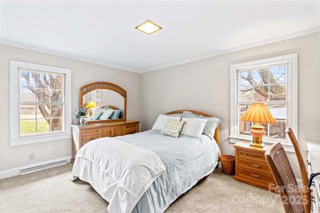 bedroom with visible vents, light carpet, baseboards, and crown molding