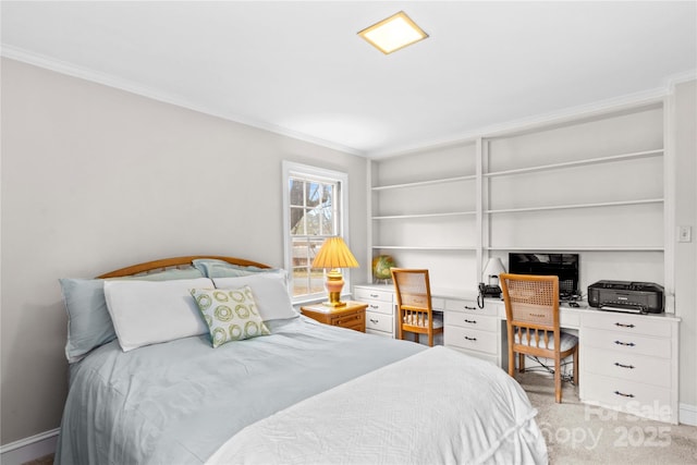 carpeted bedroom with baseboards and ornamental molding