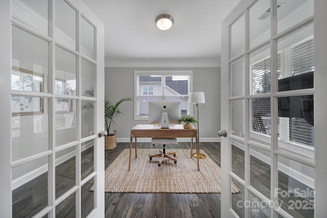 office with dark wood finished floors, baseboards, visible vents, and ornamental molding