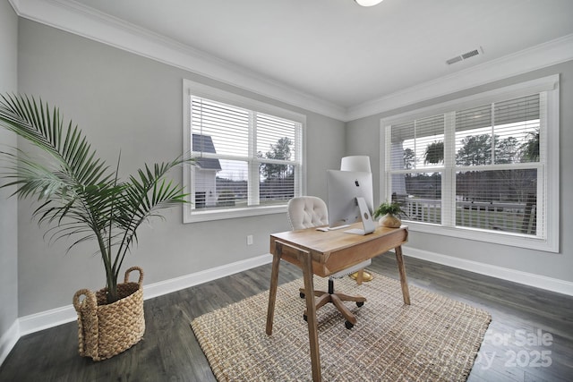 office featuring visible vents, baseboards, ornamental molding, and dark wood-style flooring