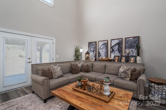 living area featuring a high ceiling and wood finished floors