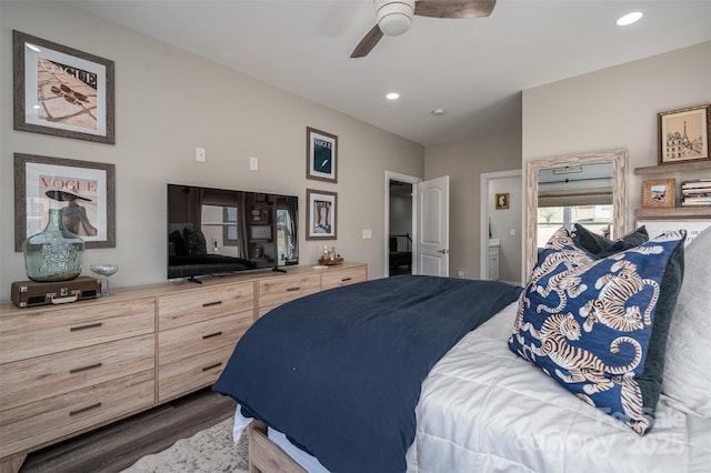 bedroom featuring wood finished floors and recessed lighting