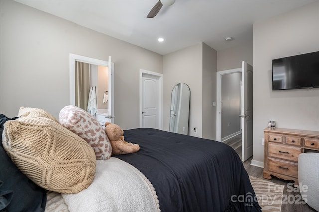 bedroom featuring recessed lighting, baseboards, and ceiling fan