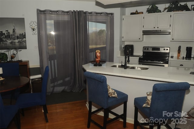 kitchen featuring dark wood finished floors, a sink, light countertops, electric stove, and under cabinet range hood