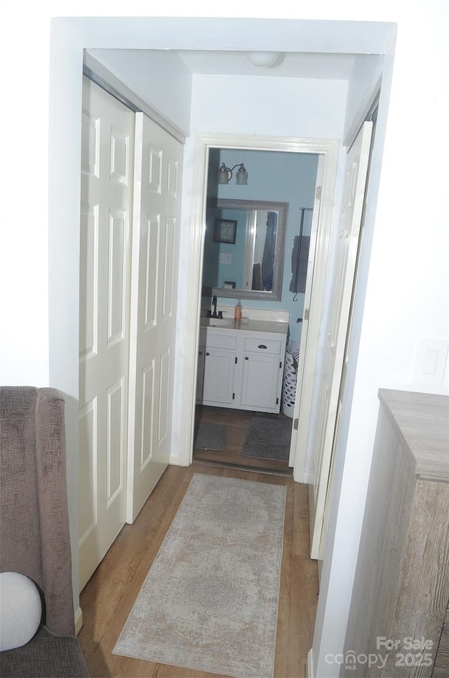 bathroom with wood finished floors and vanity