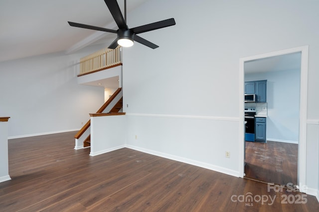 unfurnished living room with stairway, baseboards, ceiling fan, and dark wood-style flooring