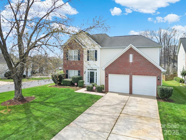 view of front of property featuring a front lawn, a garage, brick siding, and driveway