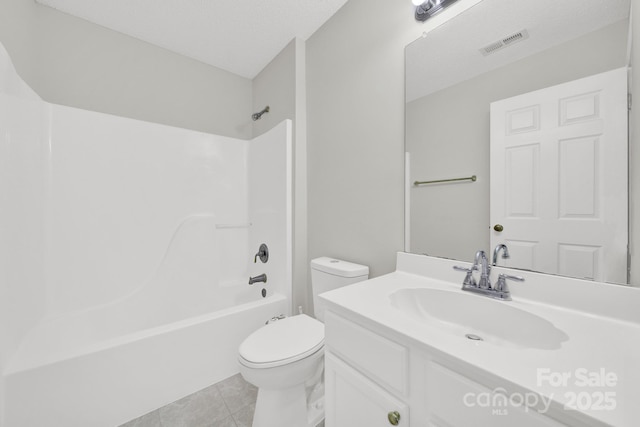 bathroom featuring visible vents, toilet, shower / bath combination, tile patterned floors, and vanity