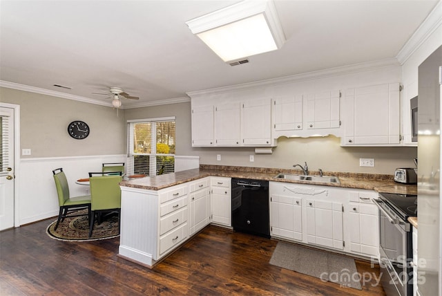 kitchen with a peninsula, electric range, a sink, dark wood-type flooring, and dishwasher