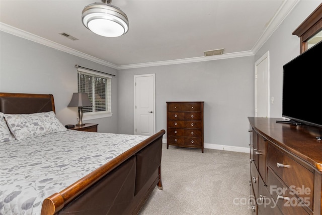 bedroom featuring visible vents, light colored carpet, crown molding, and baseboards