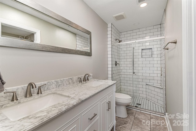 bathroom featuring visible vents, a stall shower, toilet, and a sink