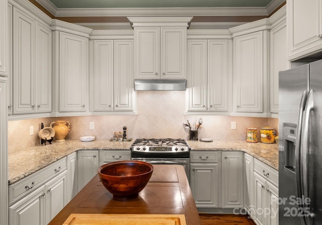 kitchen with under cabinet range hood, backsplash, stainless steel appliances, and light stone countertops