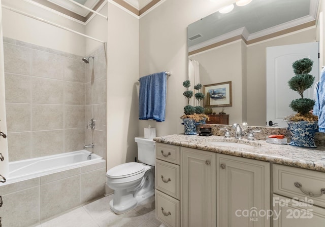 bathroom with tile patterned floors, visible vents, toilet, crown molding, and vanity