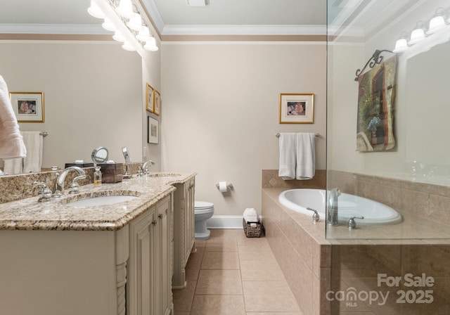 bathroom featuring tile patterned flooring, double vanity, ornamental molding, and a sink