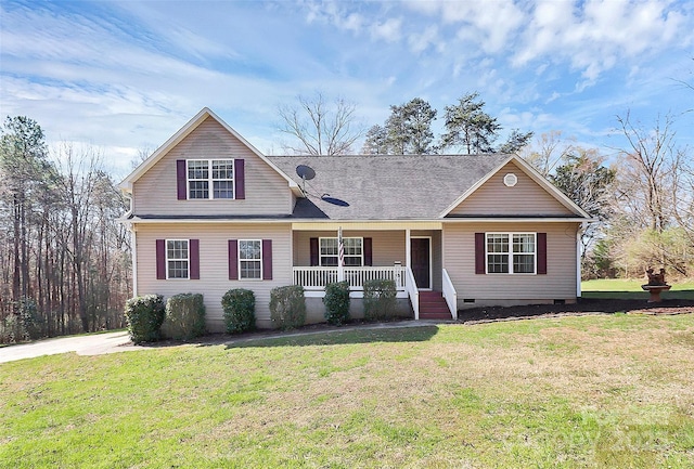 view of front of house featuring crawl space, covered porch, a front lawn, and roof with shingles