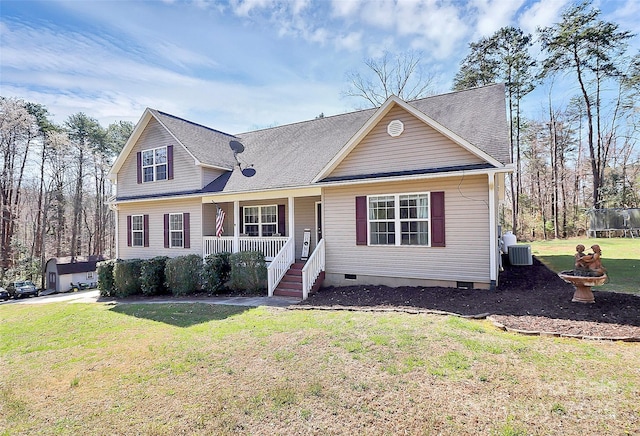 view of front of property with a front yard, roof with shingles, a porch, crawl space, and central air condition unit