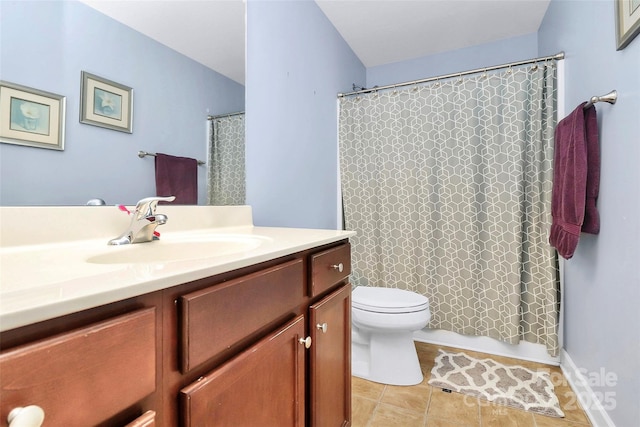 full bathroom with tile patterned floors, shower / bathtub combination with curtain, toilet, and vanity