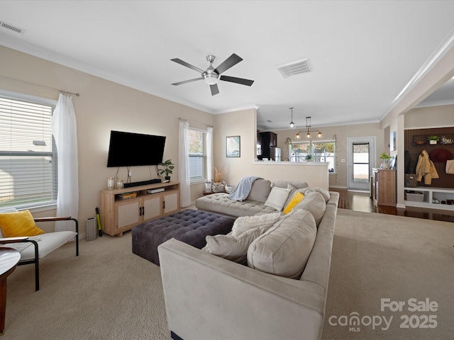 430 Battery Cir, Clover, SC 29710 - carpeted living area featuring a ceiling fan, visible vents, and a healthy amount of sunlight