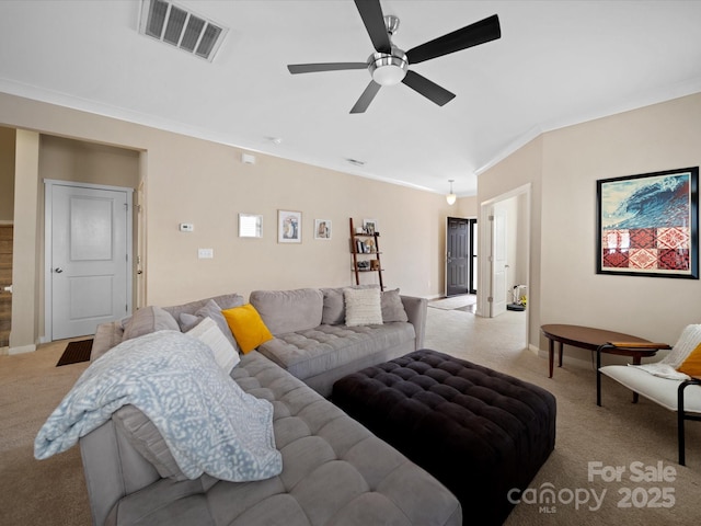 430 Battery Cir, Clover, SC 29710 - living area with visible vents, a ceiling fan, carpet floors, crown molding, and baseboards