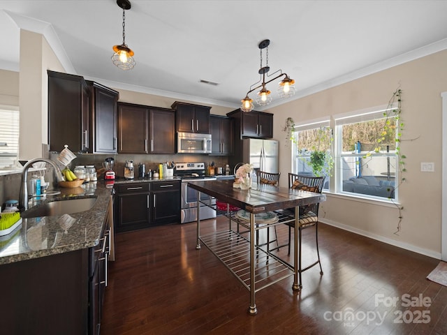 430 Battery Cir, Clover, SC 29710 - kitchen featuring a sink, dark brown cabinets, ornamental molding, appliances with stainless steel finishes, and dark wood-style flooring