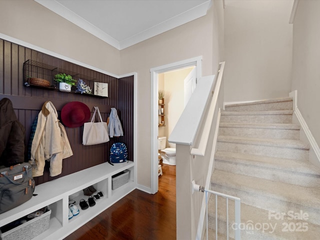 430 Battery Cir, Clover, SC 29710 - mudroom with crown molding, wood finished floors, and baseboards