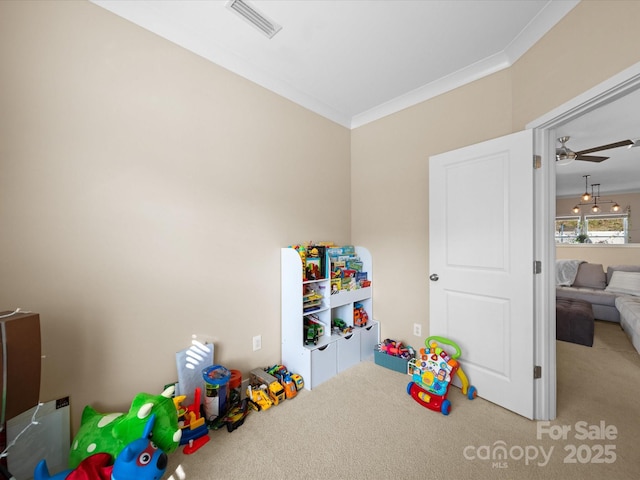 430 Battery Cir, Clover, SC 29710 - rec room with carpet flooring, visible vents, and ornamental molding