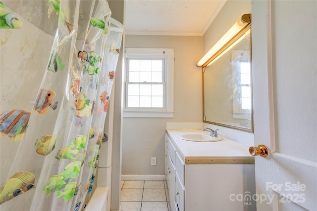 1414 S Post Rd, Shelby, NC 28152 - full bath featuring baseboards, vanity, tile patterned floors, a textured ceiling, and crown molding