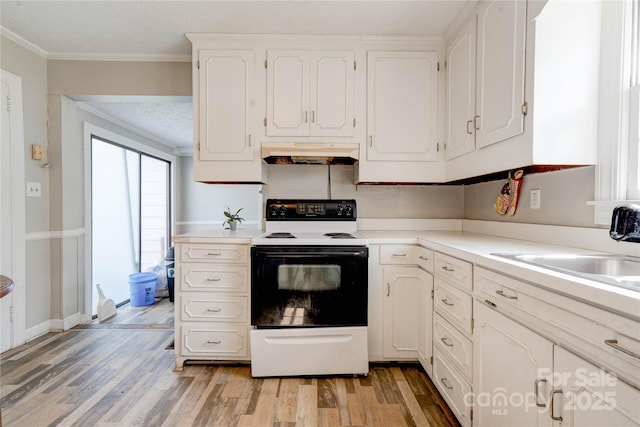 1414 S Post Rd, Shelby, NC 28152 - kitchen with crown molding, electric range oven, light wood-style floors, white cabinetry, and under cabinet range hood