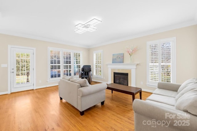 living area featuring a glass covered fireplace, light wood-type flooring, baseboards, and ornamental molding