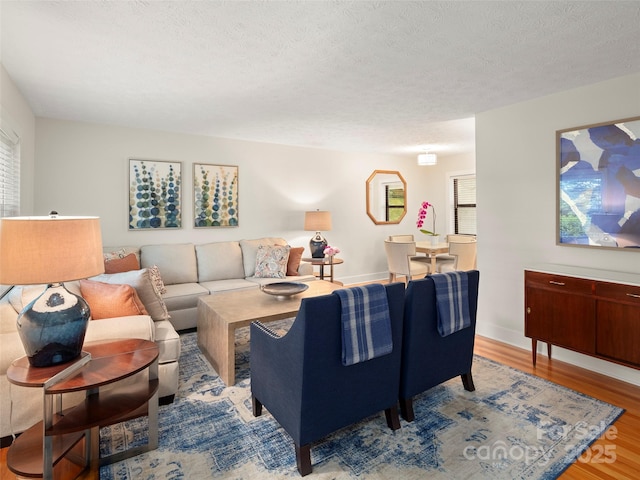 living room with wood finished floors, baseboards, and a textured ceiling