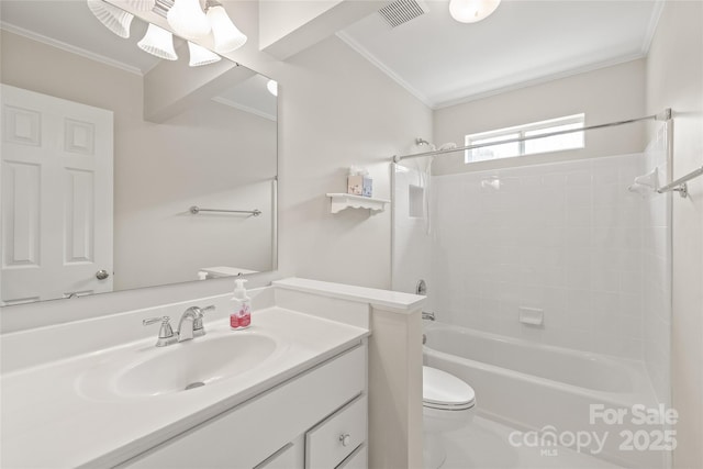 bathroom featuring shower / bathing tub combination, visible vents, toilet, and crown molding