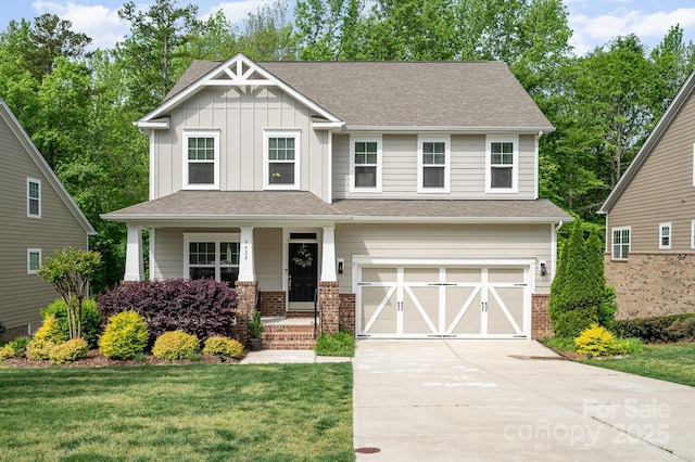 9428 Segundo Ln, Charlotte, NC 28278 - craftsman-style house with a porch, concrete driveway, brick siding, a garage, and board and batten siding