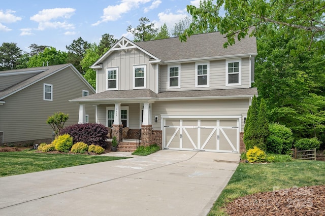 9428 Segundo Ln, Charlotte, NC 28278 - craftsman inspired home with roof with shingles, a porch, concrete driveway, an attached garage, and board and batten siding