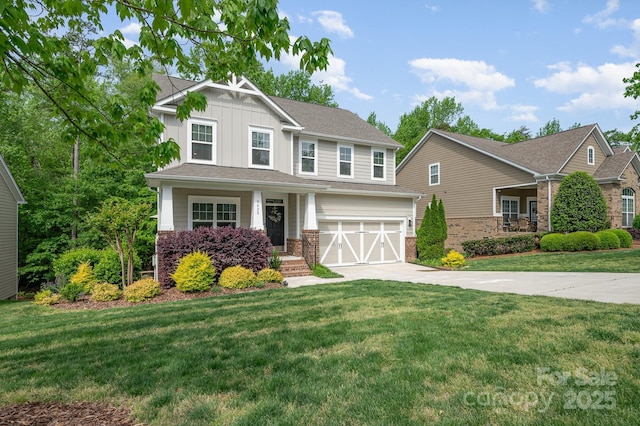 9428 Segundo Ln, Charlotte, NC 28278 - craftsman house featuring a front lawn, driveway, board and batten siding, and a garage