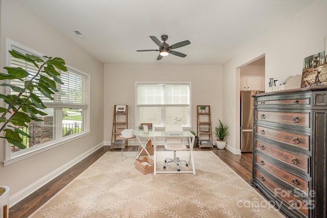 9428 Segundo Ln, Charlotte, NC 28278 - office featuring visible vents, a ceiling fan, baseboards, and dark wood-style flooring